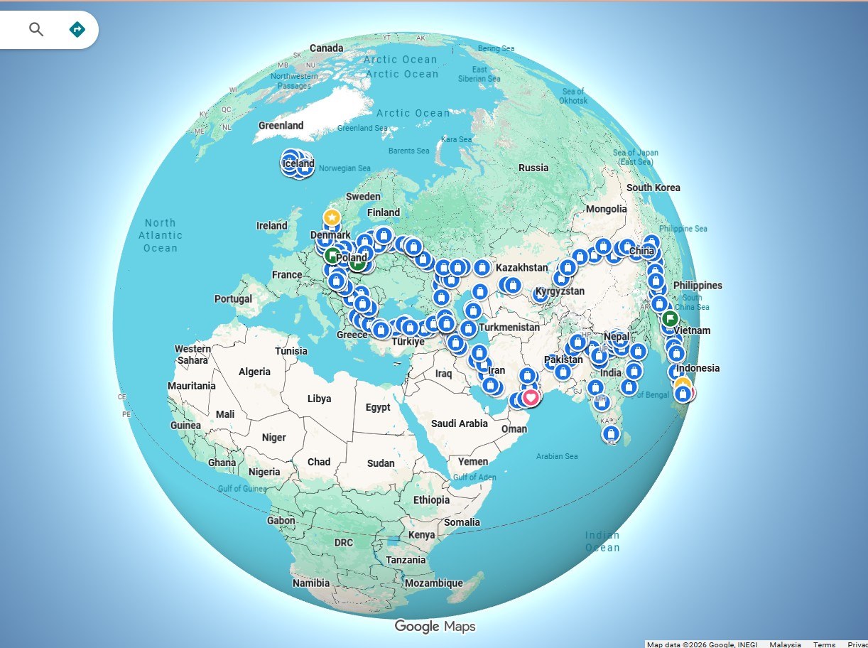 Google Earth overview of Tuzi's 306-day overland route across Asia and Europe