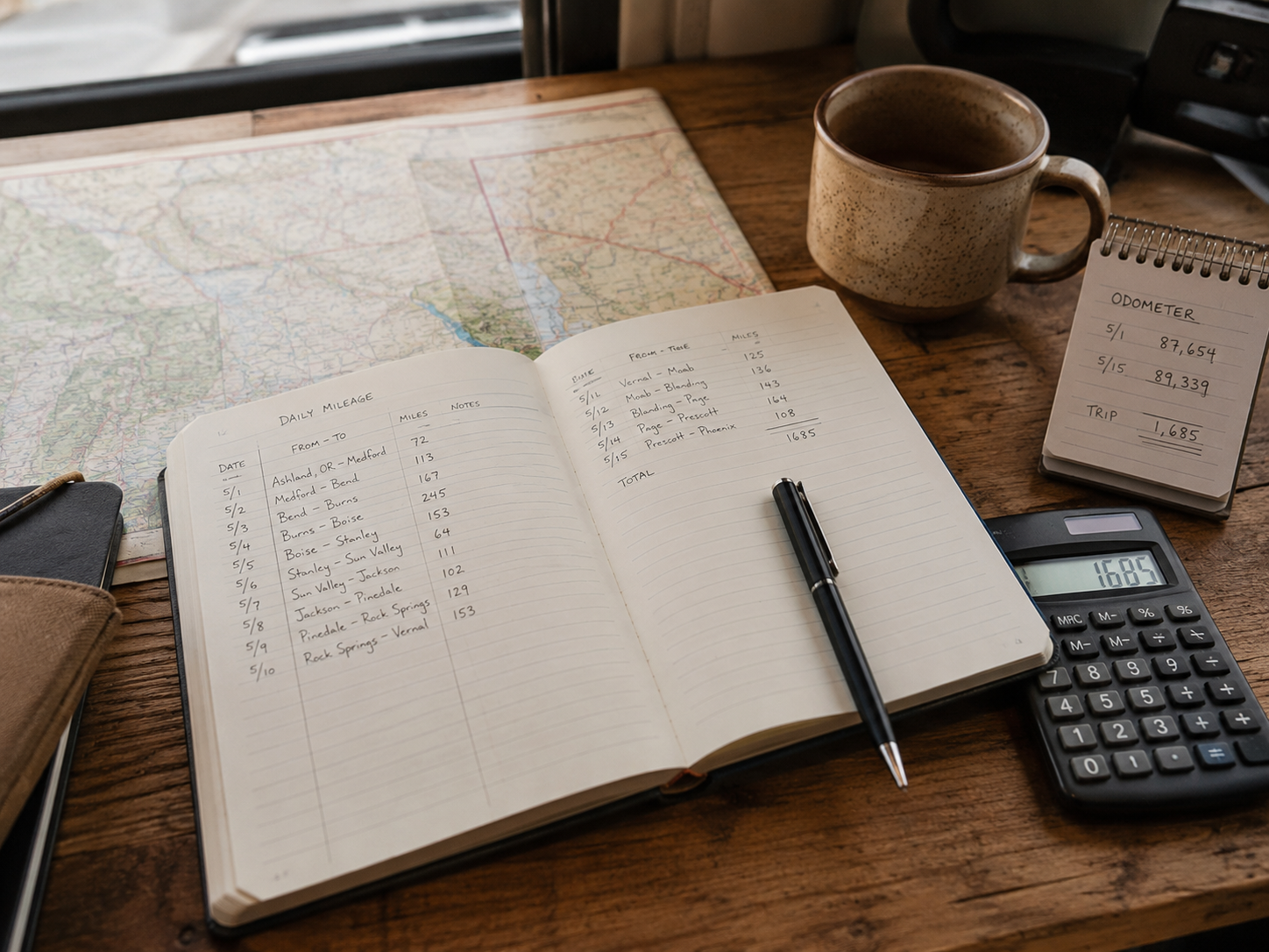 Daily mileage notebook with map, calculator, and odometer notes