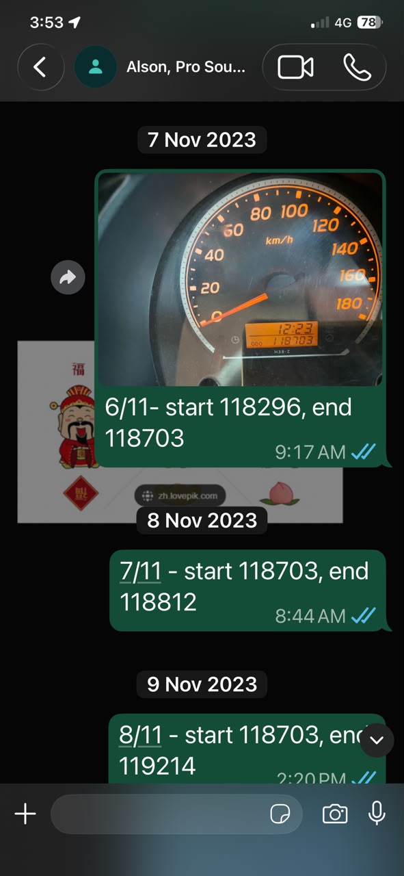 WhatsApp mileage report screenshot