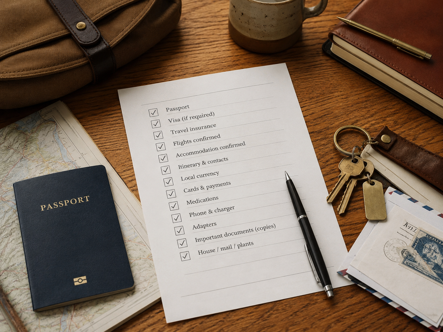 Travel execution checklist with passport, keys, documents, and pen