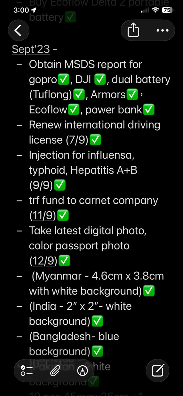 September pre-departure execution checklist with completed tasks