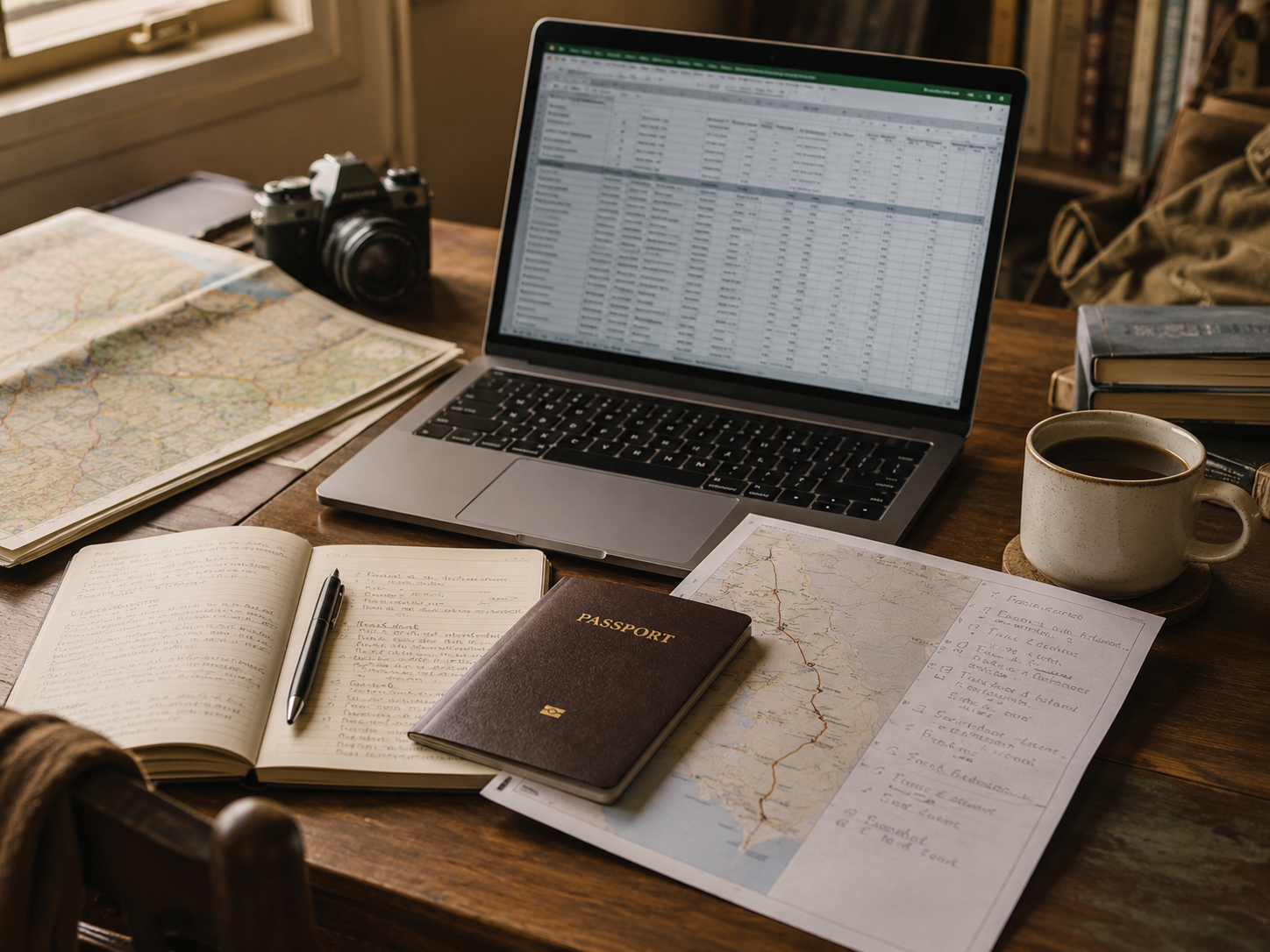 Laptop spreadsheet with passport, map, and travel planning documents