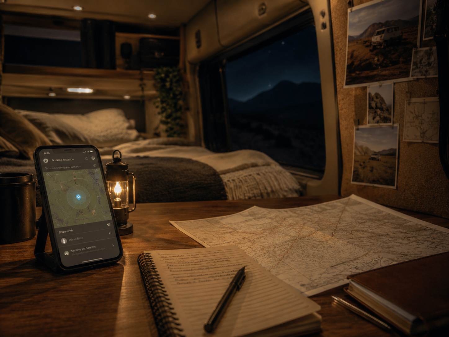 Campervan at night with phone location sharing, map, and notebook