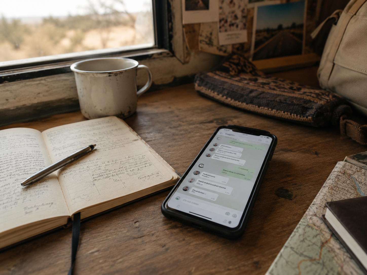 Phone chat screen with notebook and travel map for safety communication