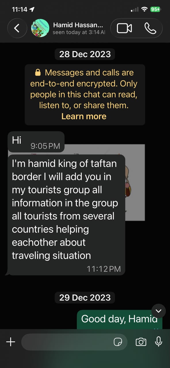 WhatsApp message from Hamid Hassan about adding Tuzi to tourist group