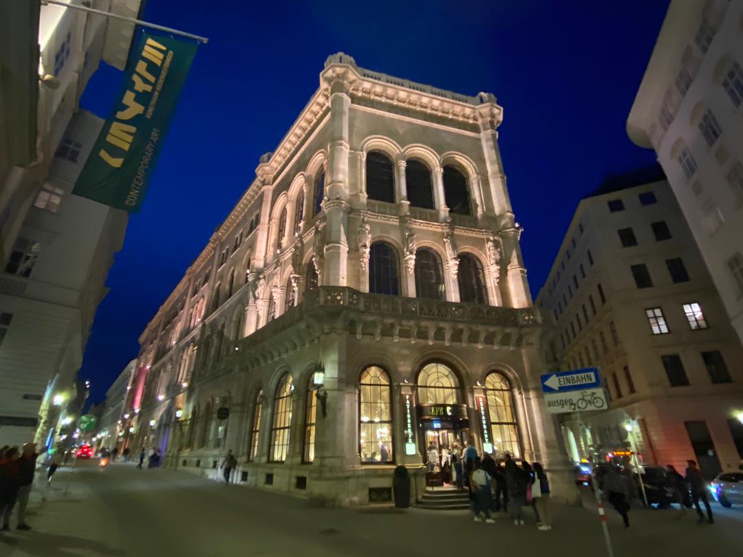 Café Central building lit at night in Vienna