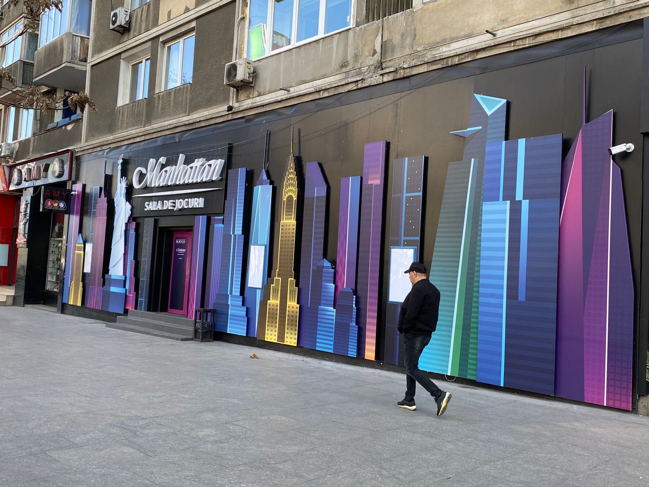 A casino frontage on a Bucharest street in Romania